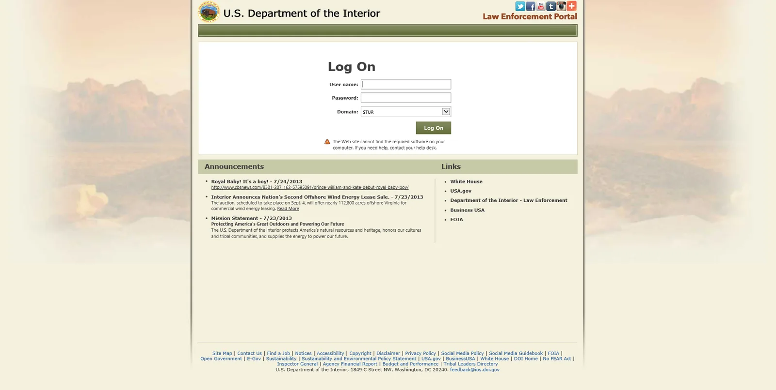 US Department of the Interior: Web Interface: Citrix Web Interface login page