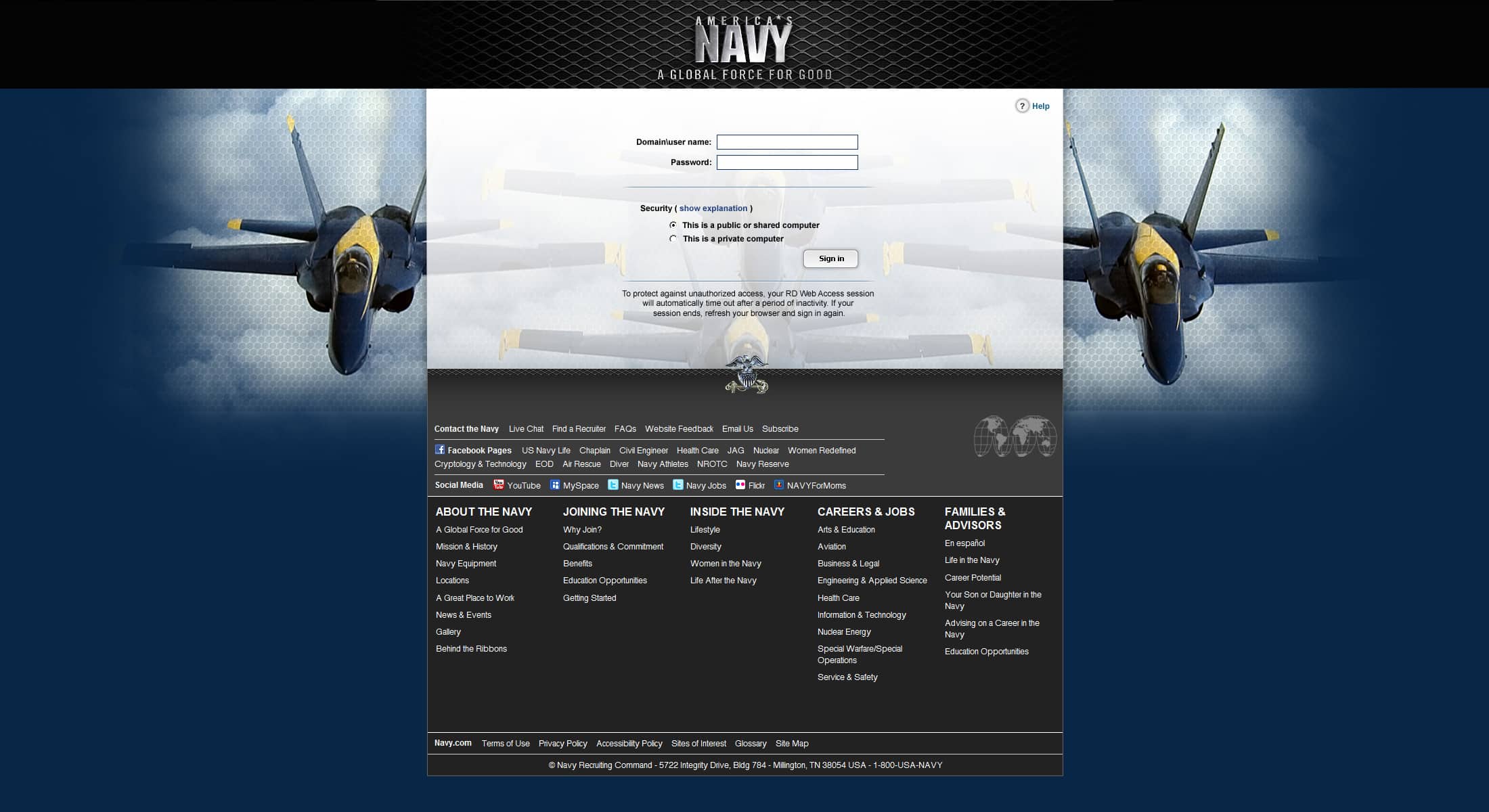 US Navy: Microsoft RD Web login page