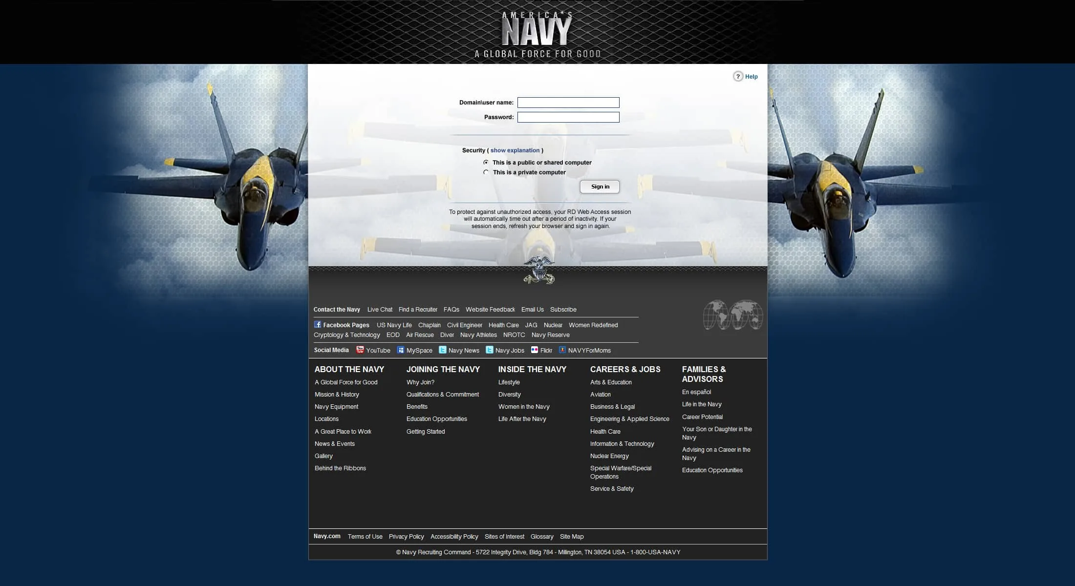 US Navy: RD Web: Microsoft RD Web login page