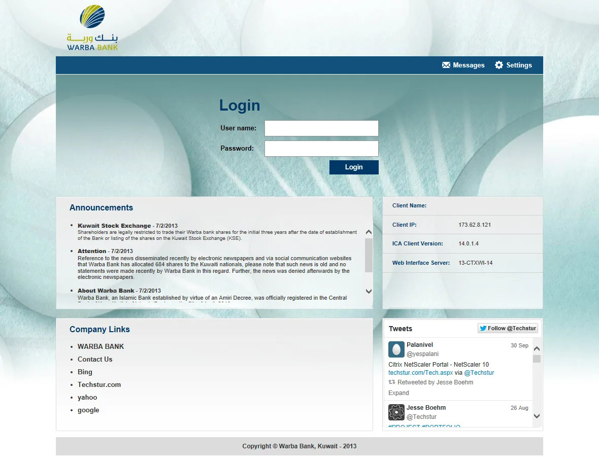 Warba Bank: Web Interface: Citrix Web Interface login page